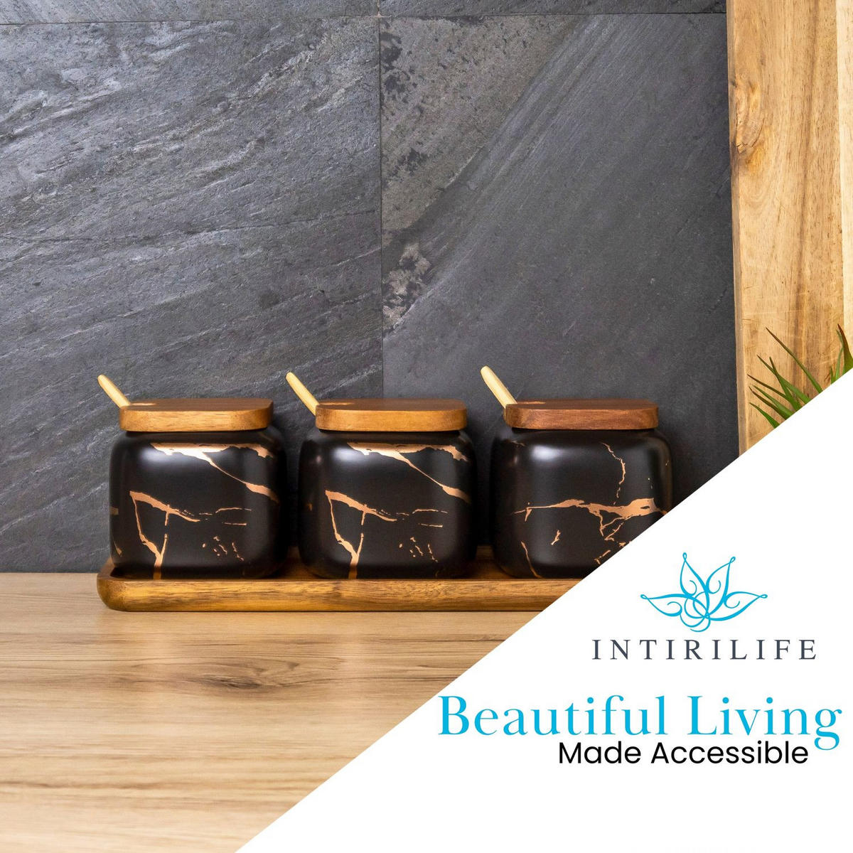 ZUCKERDOSE Vorratsdose mit Deckel Löffel Holztablett (3er-Set) - Schwarz, Keramik (8.5/11.5cm) - Intirilife