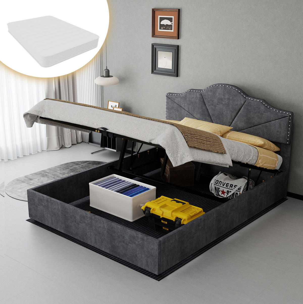 POLSTERBETT 140/200 cm mit Bettkasten, Lattenrost und Matratze, Grau - Grau, Textil (140/200cm) - Redom