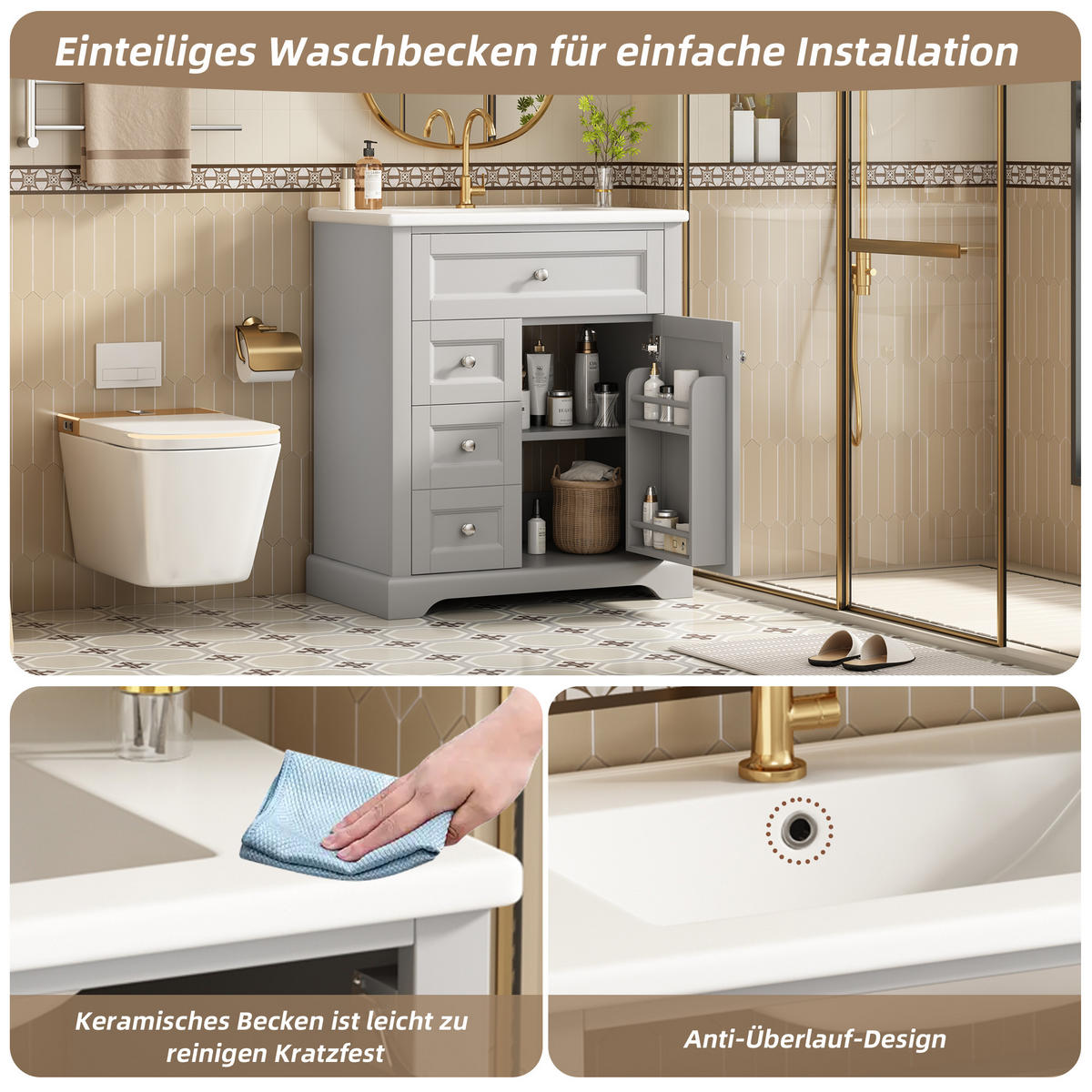 WASCHTISCHKOMBI Grau mit Soft-Close & Keramikbecken - Grau, Keramik/Holzwerkstoff (76/87/46cm) - Urban Meuble
