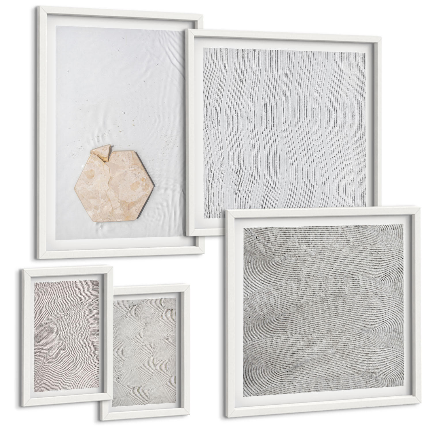 BILDER SET 5er Set - 50x50 cm & 20x30 cm & 40x60 cm Weißer Rahmen - Leichte Boho-Sandtexturen - Weiß, Kunststoff (40/60cm) - TULUP