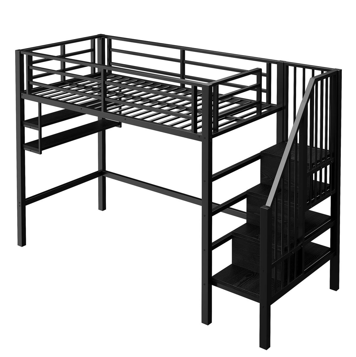 HOCHBETT 90/200 cm, Schwarz mit Stauraumleiter und Einlegeböden ohne Matratze - Schwarz, Metall (90/200cm) - MIVRAY