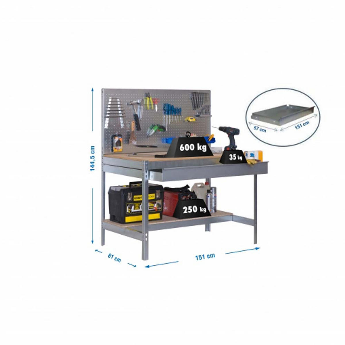 WERKBANK BUFFALO mit Werkzeugwand und Schubfach | HxBxT 84x150x61cm | Traglast 600kg | Verzinkt - Silberfarben, Metall (150/84/61cm) - PROREGAL