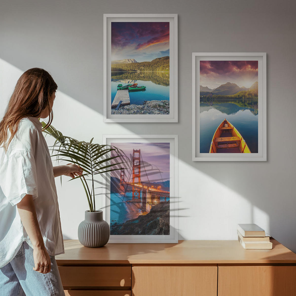 BILDER SET 3er Set - 40x60 cm Weißer Rahmen - Bergblick auf den See und die Brücken - Weiß, Kunststoff (40/60cm) - TULUP