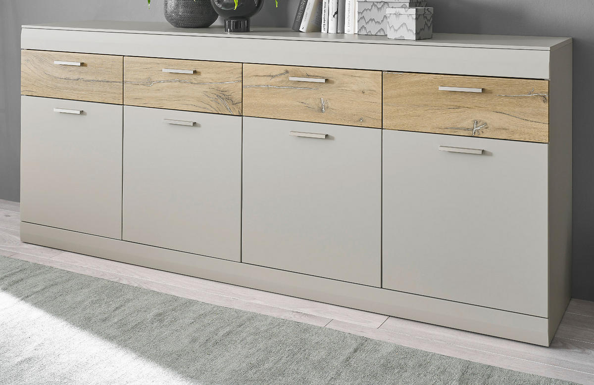 EX! SIDEBOARD grau matt, Zinneiche 200 cm, Kommode mit Soft-Close-Funktion - Eichefarben/Silberfarben, Holzwerkstoff/Metall (200/85/42cm) - Furn.Design