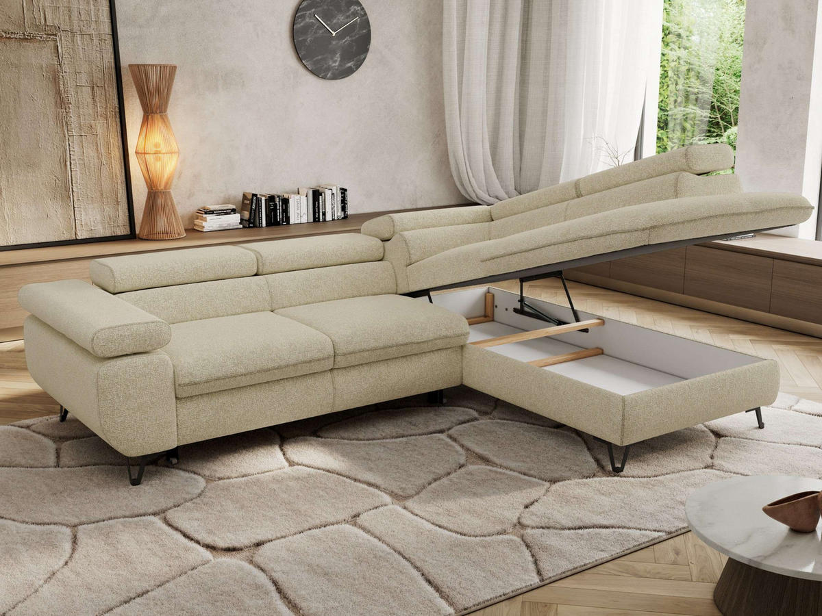 ECKSOFA PABLO L Creme Struktur - Rechts Seite mit Visco Topper - Creme/Schwarz, Textil/Metall (273/208cm) - MKS