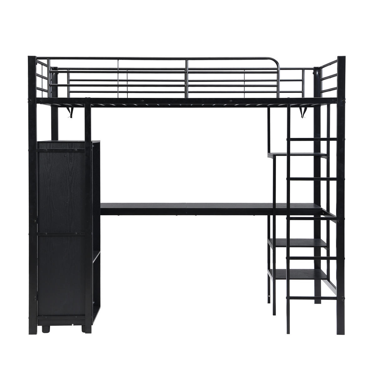ETAGENBETT aus Metall und MDF 90x200 cm Schwarz mit Schreibtisch, Kleiderschrank, Regalen und 5-stufiger Leiter - Schwarz, Metall (90/200cm) - Modfu