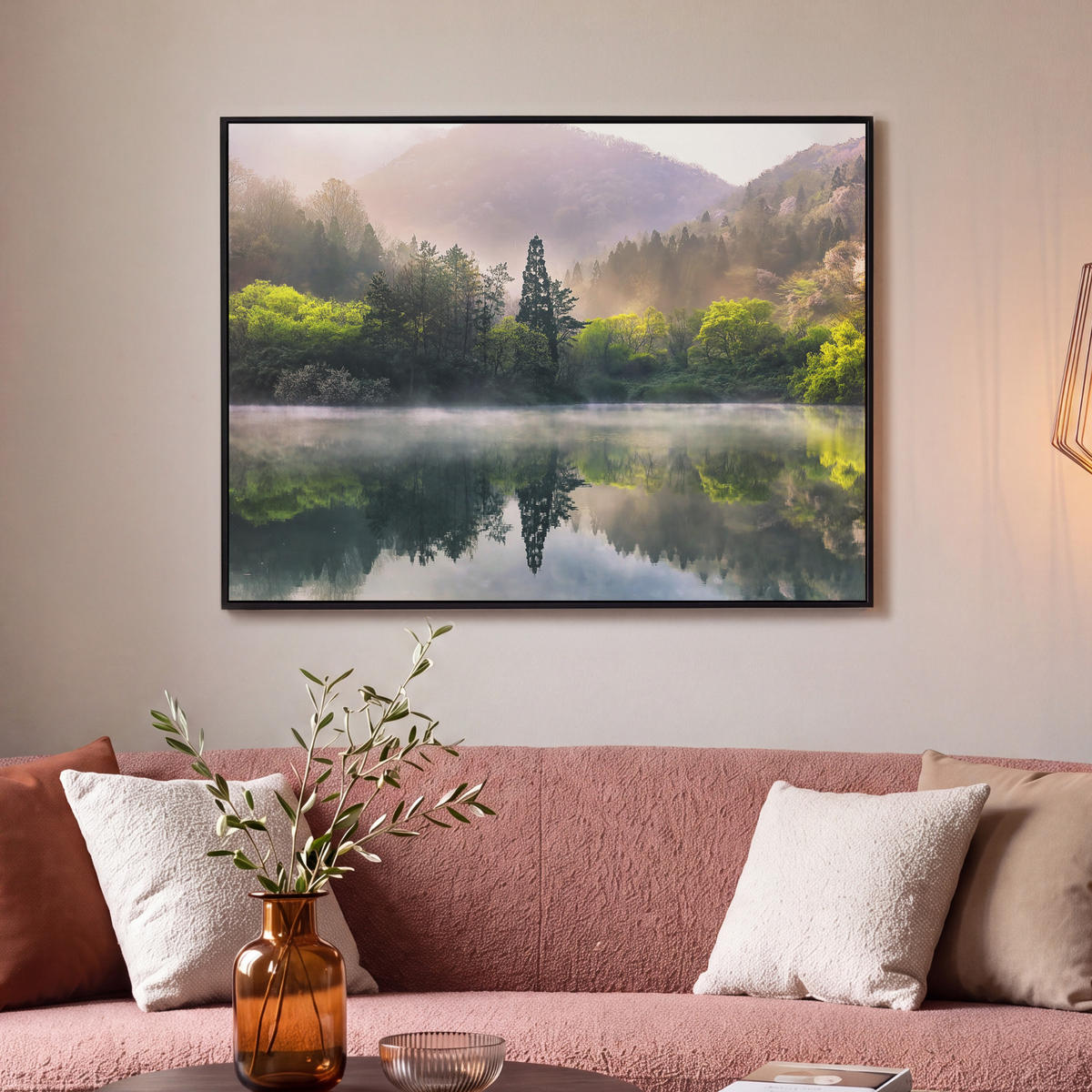 LEINWAND Bilder mit Rahmen - Natur - Bäume - Berge - See - Wasser - 100x70 - Hellgrün, Textil (100/70cm) - MuchoWow