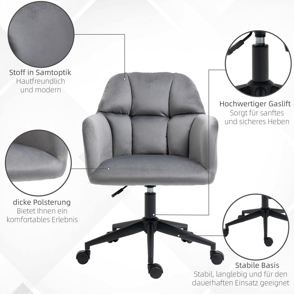 BÜROSTUHL mit Rollen, Höhenverstellbarer Schreibtischstuhl mit Samt-Optik Grau - Dunkelgrau, Kunststoff (58.5/86/58cm) - Vinsetto
