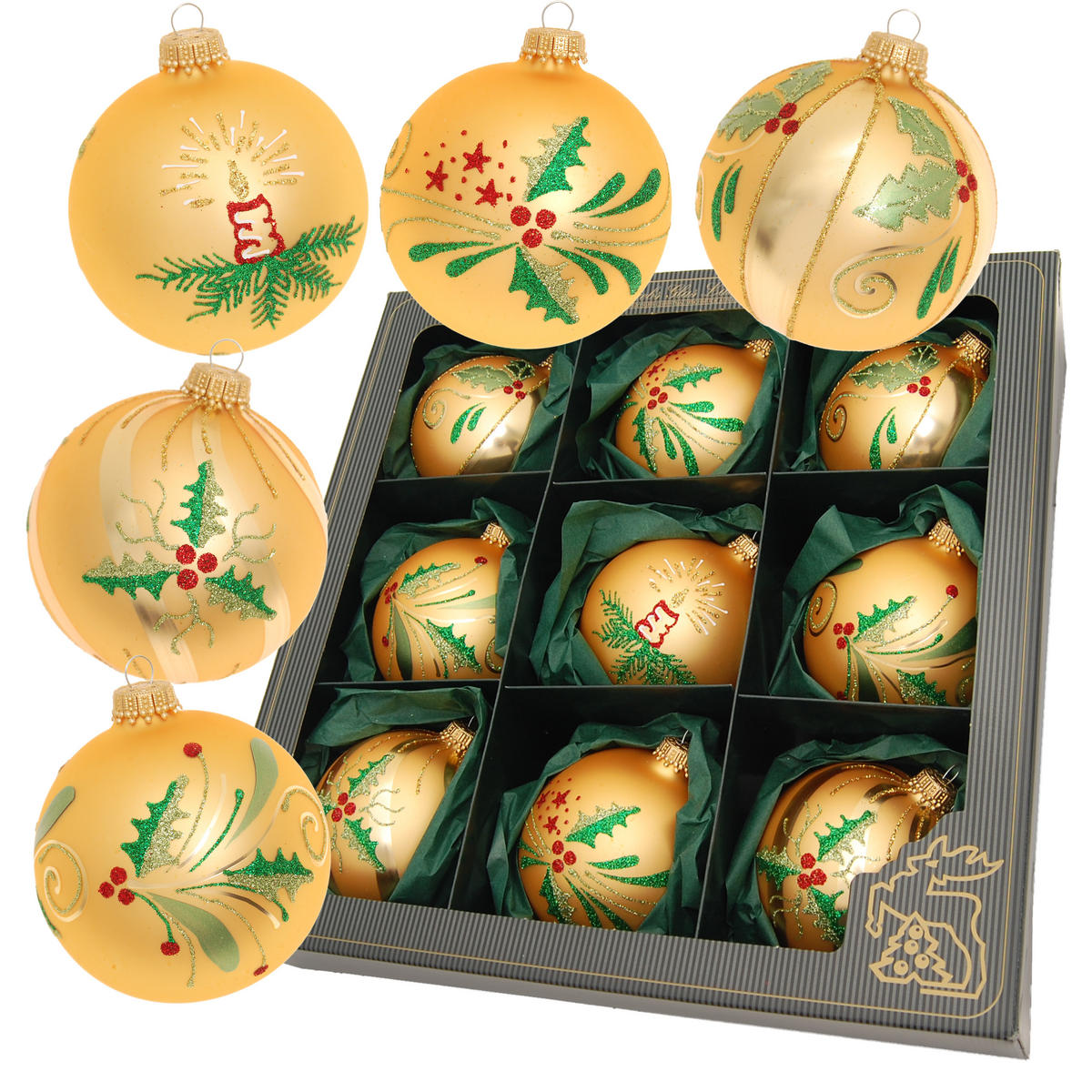 CHRISTBAUMKUGELN Kerze und Zweige Goldfarbig 8cm (Glas / 9 Stk.) - Goldfarben, Glas (8/8/8cm) - Krebs Glas Lauscha