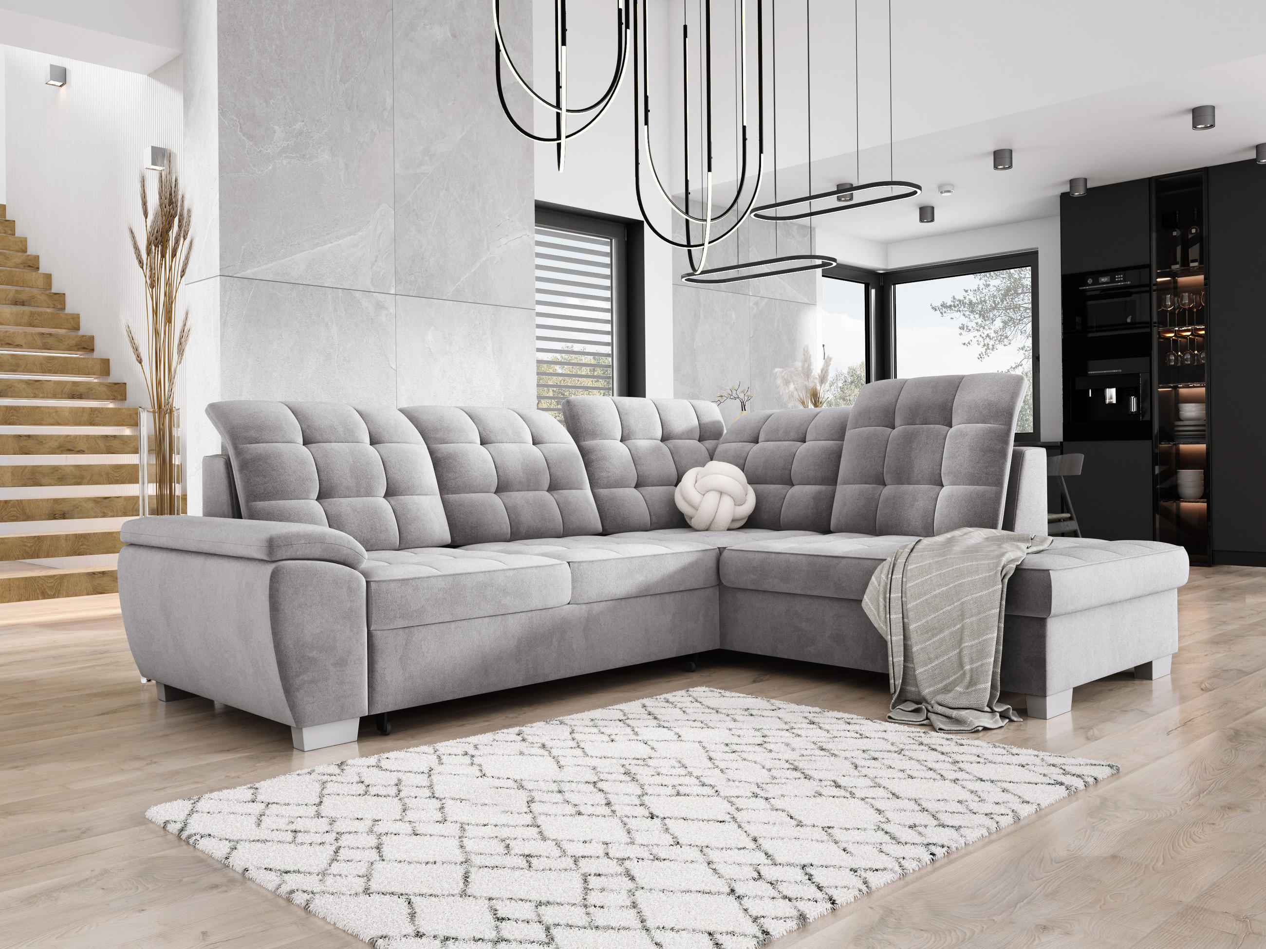 ECKSOFA LOTTA SALVADOR Bettkasten verstellbare Kopfstützen hochwertige Verarbeitung lose Rückenkissen freistehend RECHTS 258x212x106 cm Grey - Grau, Holz/Textil (258/212cm) - DomoHome
