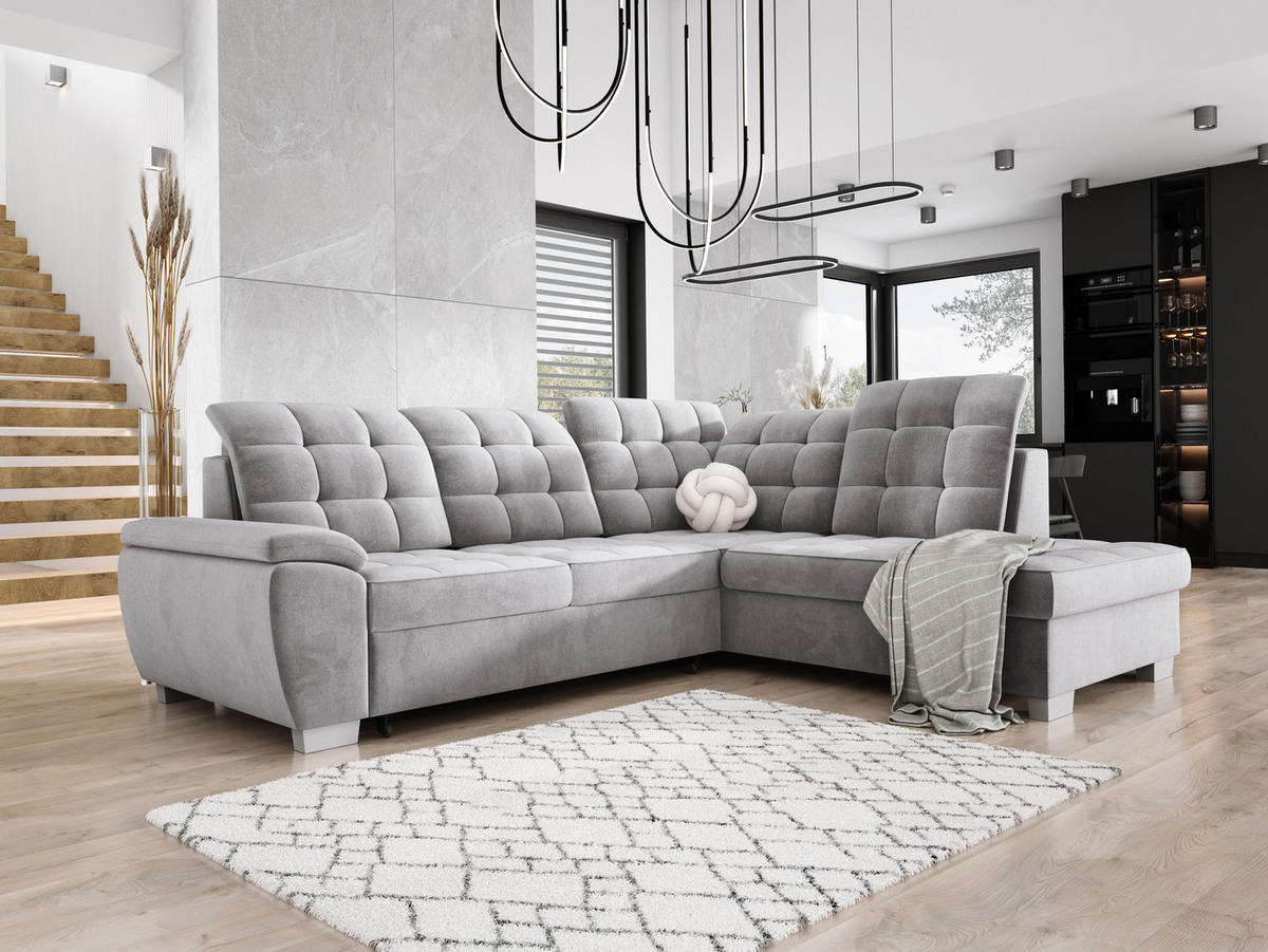 ECKSOFA LOTTA SALVADOR Bettkasten verstellbare Kopfstützen hochwertige Verarbeitung lose Rückenkissen freistehend RECHTS 258x212x106 cm Grey - Grau, Holz/Textil (258/212cm) - DomoHome