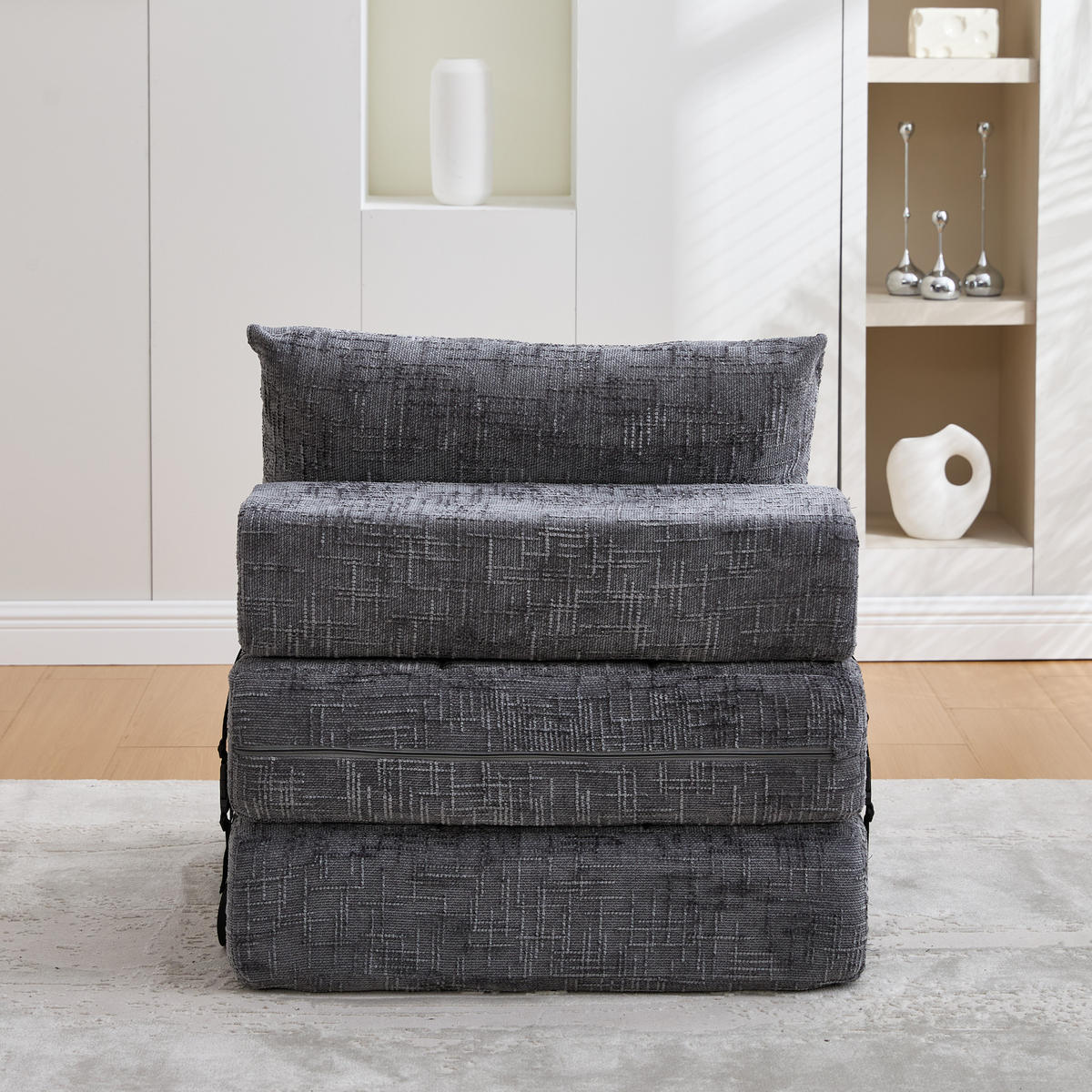 SCHLAFSESSEL Klappbares mit Kopf und Lumbalkissen grau Chenille 200/90/75 cm - Grau, Textil (79/57/79cm) - OKWISH
