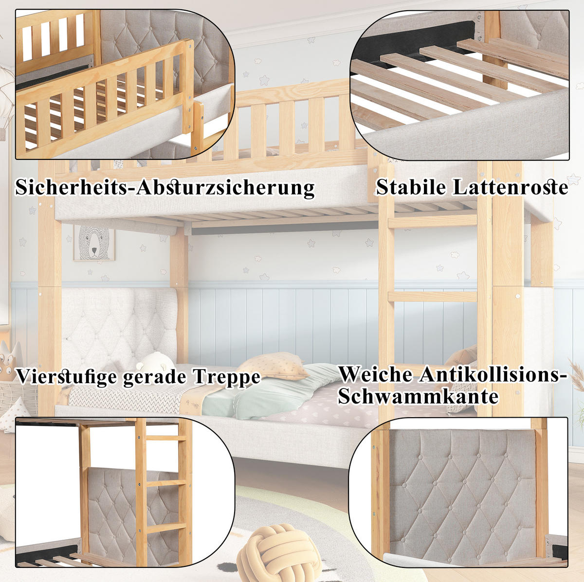 ETAGENBETT 90/200 cm grau/natur aus Kautschukholz und MDF mit gerader Treppe - Grau, Holz (90/200cm) - OKWISH