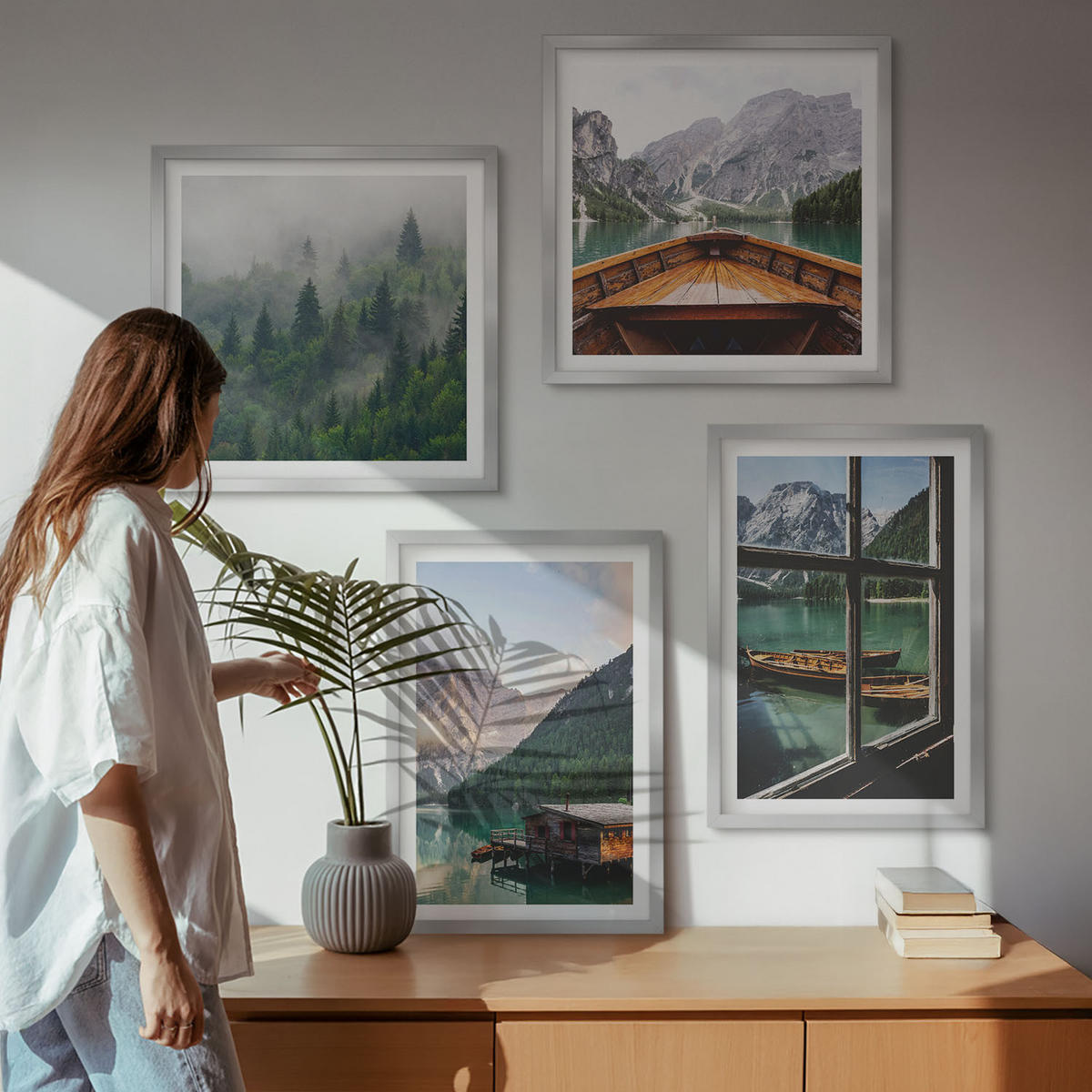 BILDER SET 4er Set - 50x50 cm & 40x60 cm Silberner Rahmen - Hütten am Bergsee Łódź - Silberfarben, Kunststoff (50/50cm) - TULUP