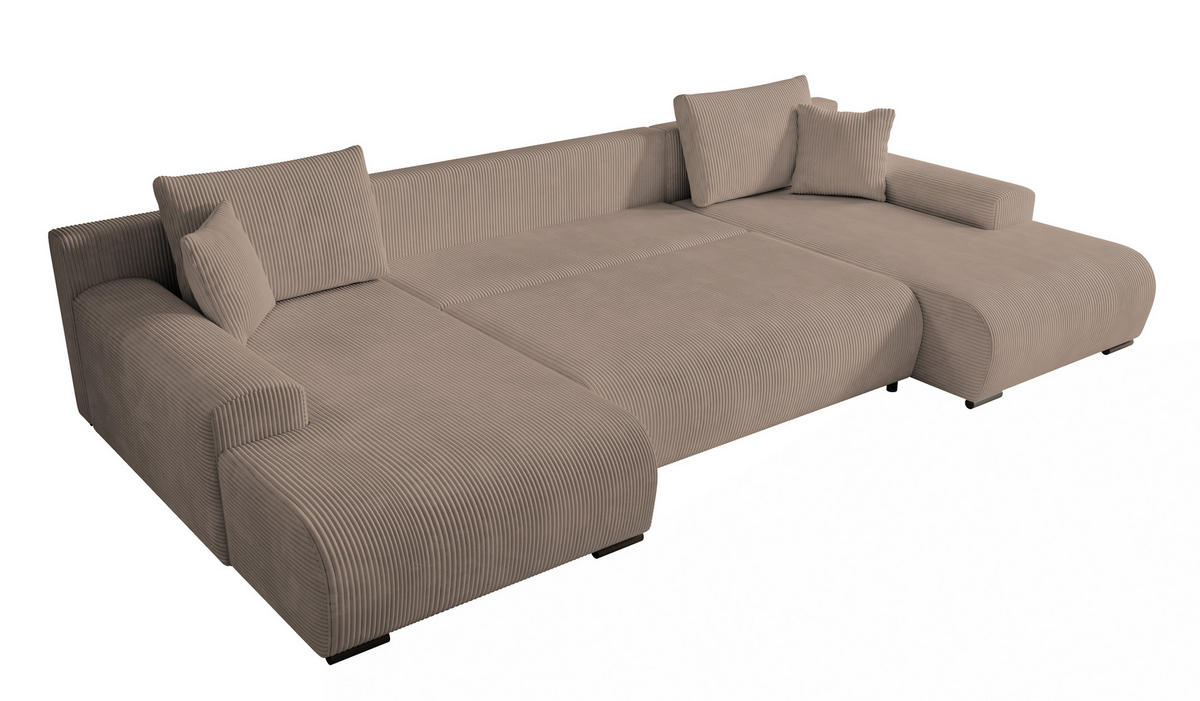 WOHNLANDSCHAFT Nelly U mit Bettkasten und Schlaffunktion, Cordstoff in U-Form - Beige, Textil (349/80/185cm)