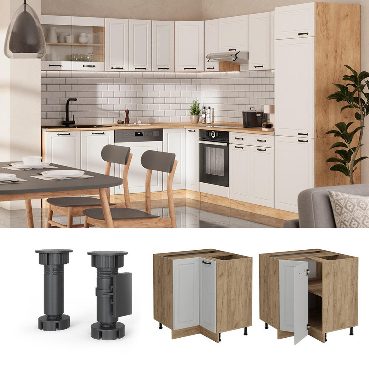 ECKUNTERSCHRANK R-Line Weiß Landhaus 75.6 cm , AP Eiche - Honigeiche/Weiß, Holzwerkstoff (75.6/81.6/60cm) - Vicco