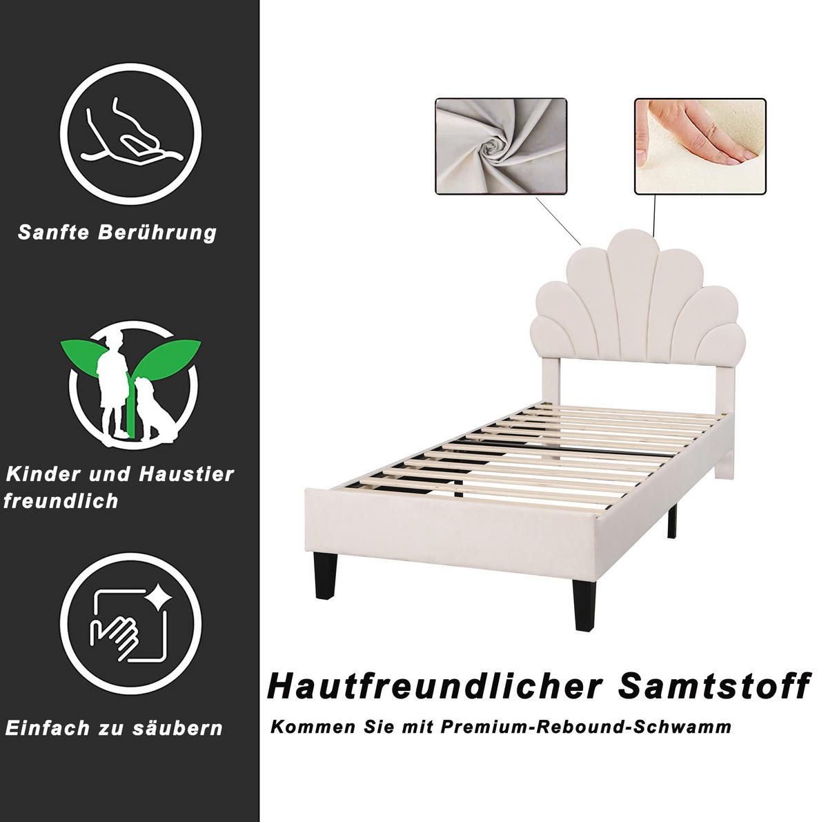 POLSTERBETT 90/200 cm Beige aus Samtstoff mit Blumen-Kopfteil - Beige, Textil (90/200cm) - OKMYHOME