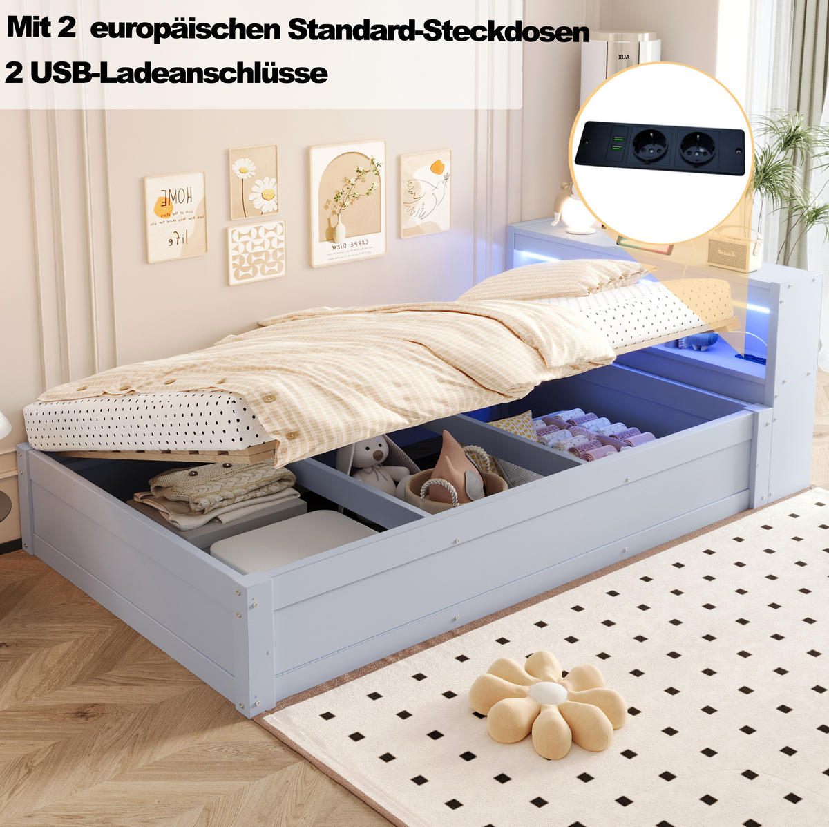 JEDNOLŮŽKO 90/200 cm s LED osvětlením, zásuvkou, hydraulickým úložným prostorem a policemi z MDF, Šedá - šedá, kompozitní dřevo (90/200cm) - Redom