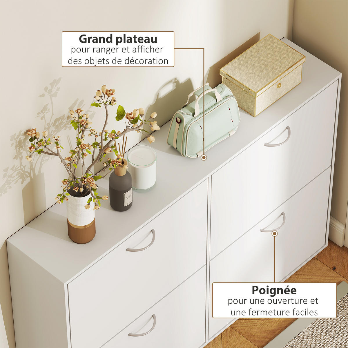 SCHUHSCHRANK DE-14966 4 Klapptüren mit Doppelböden Weiß - Weiß, Holzwerkstoff (120/81/24cm) - ComfortXL