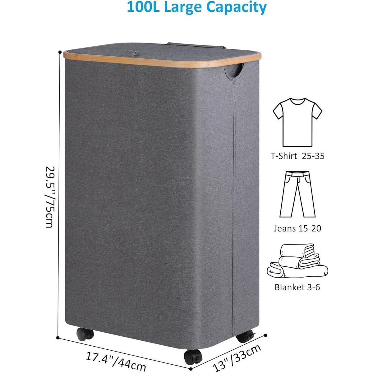 WÄSCHEKORB mit Rollen 100L Grau - Grau, Textil (33/75/44cm)