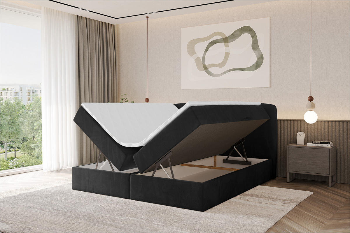 BOXBETT mit Matratze H4 - NINA - 160x200 cm - Schwarz - Schwarz Hochglanz, Holzwerkstoff (160/200cm) - ALTDECOR