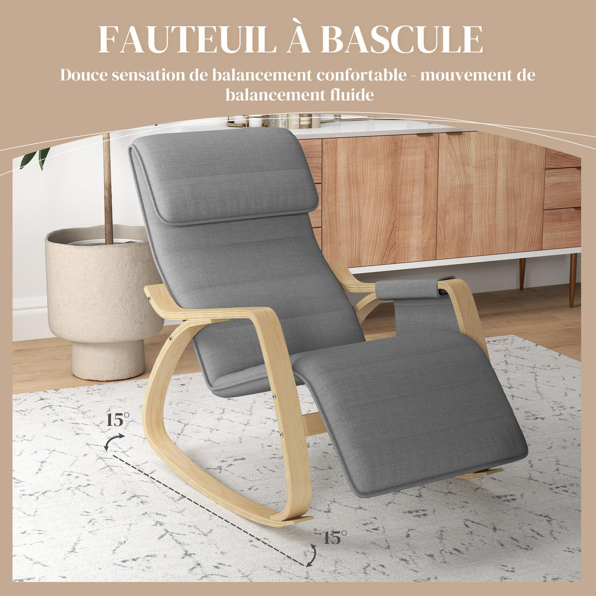 SCHAUKELSTUHL DE-17384 5-fach verstellbare Fußstütze & Kopfstütze Grau - Grau, Holz (110/91/67cm) - ComfortXL