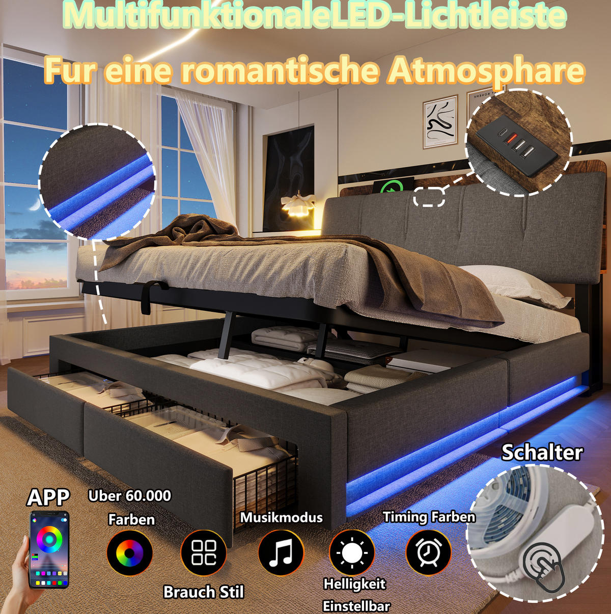 POLSTERBETT 140/200 cm Grau mit LED, USB-C, Bettkasten und Schubladen aus Leinen - Grau, Textil (140/200cm) - OKMYHOME