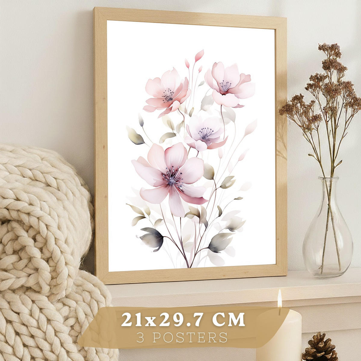 POSTER 3er-Set Wandbilder Orchidee Rosa modern Wohnzimmer Deko, Schlafzimmer, Küche, Badezimmer Rahmenlos A4 - Beige, Papier (29.7/1/21cm) - Nacnic
