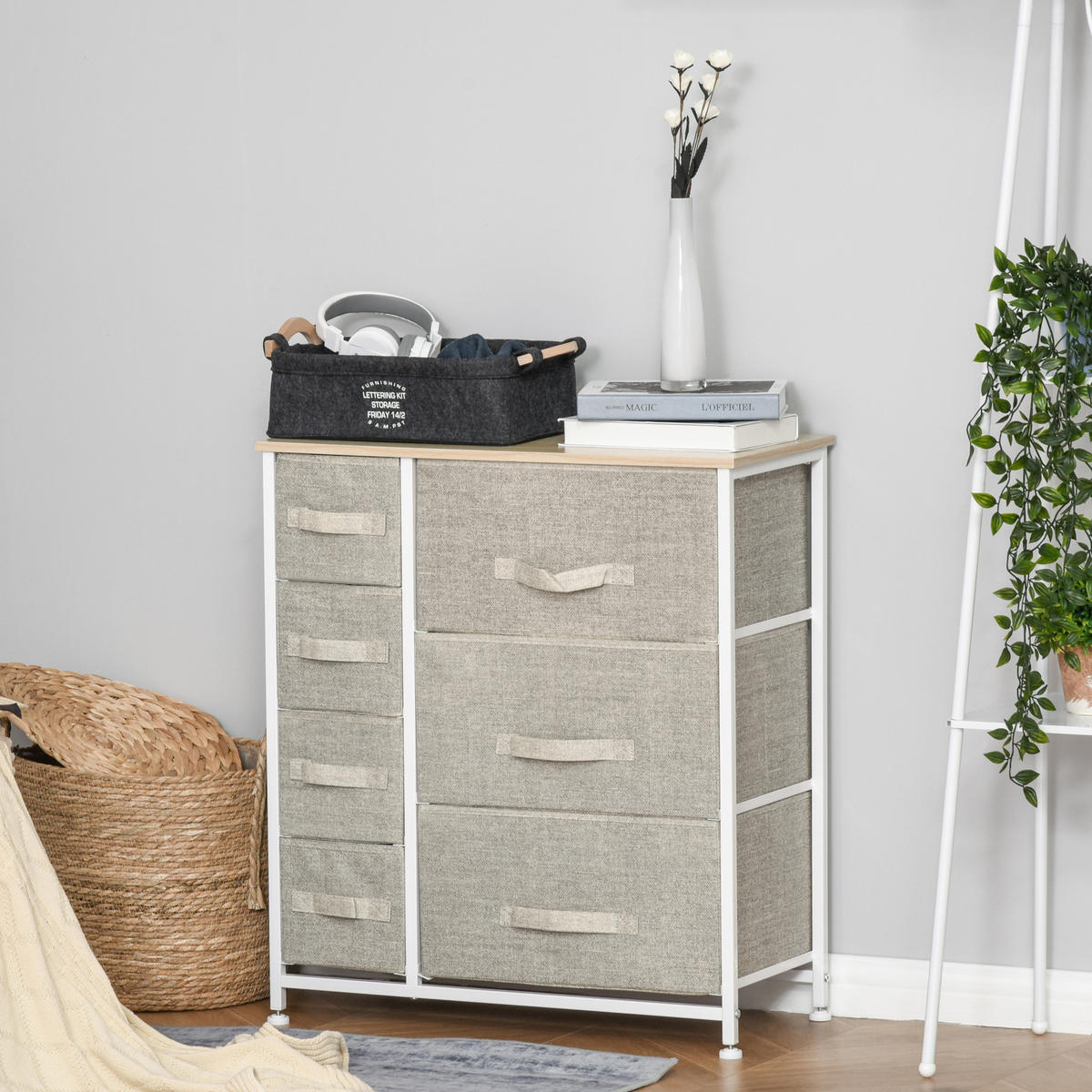 KOMMODE, Sideboard, 7 Stoffschubladen, Metallgestell, 63,5x30x71cm, Hellgrau - Hellgrau, Metall (30/71/63.5cm) - HOMCOM