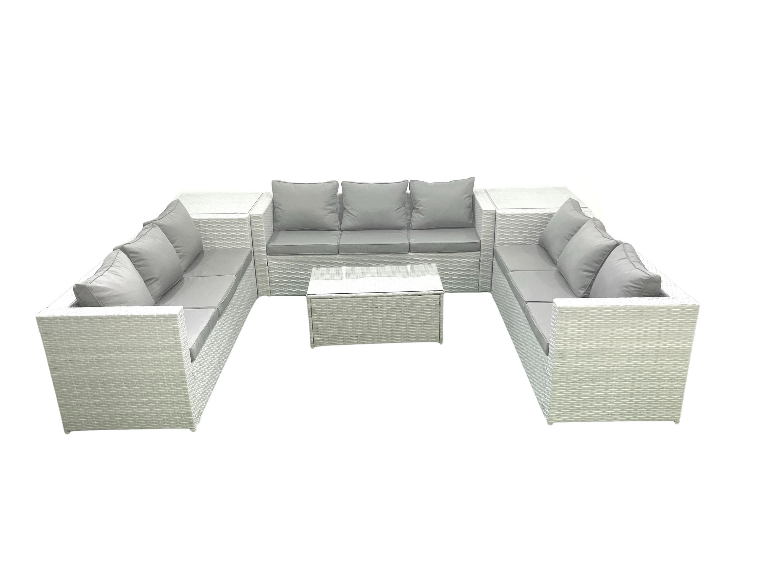 GARTENSET mit 3-SITZER SOFA,COUCHTISCH Polyrattan Hellgrau-Mix 9-Sitzer - Hellgrau/Grau, Glas/Kunststoff - Fimous