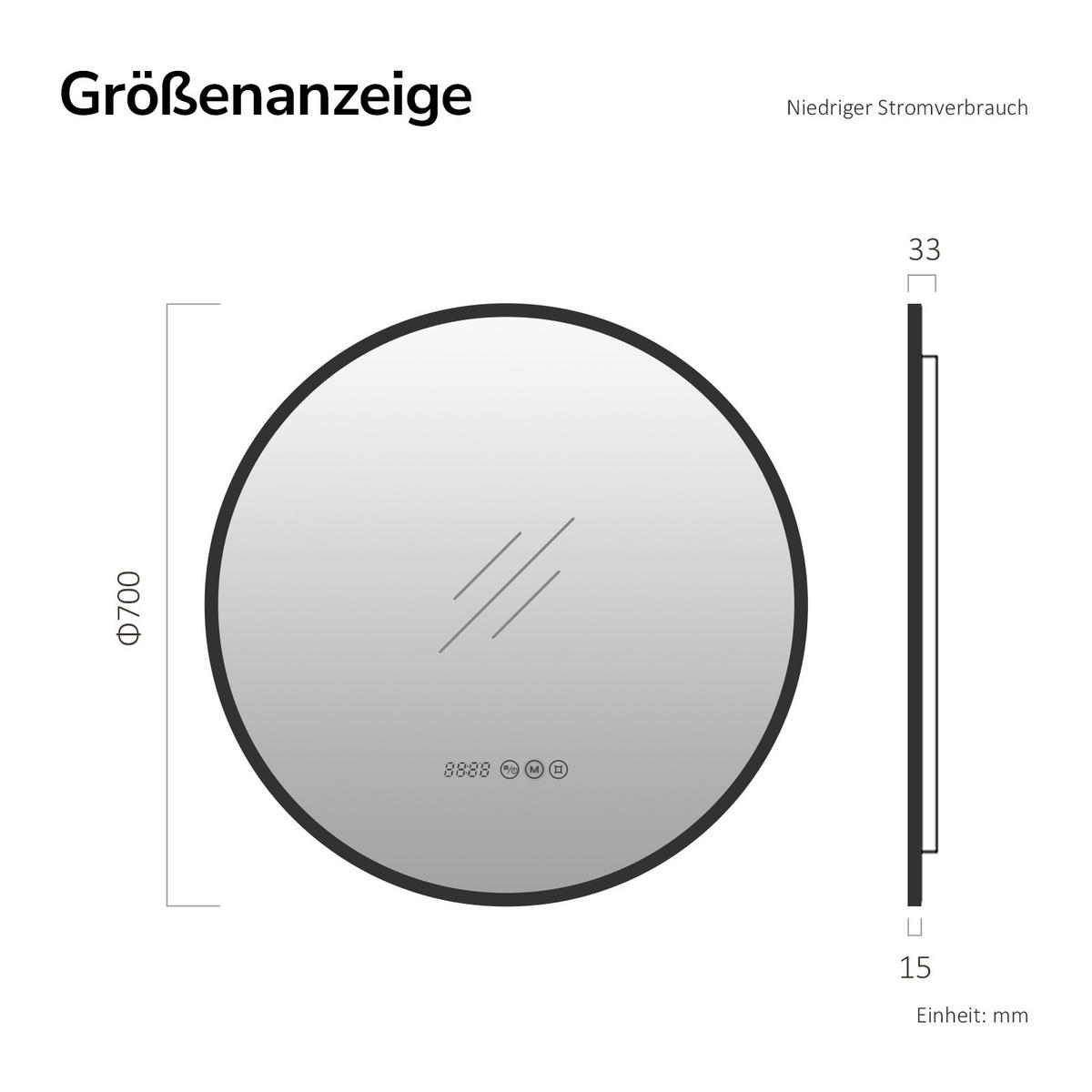 BADSPIEGEL mit LED-Beleuchtung, Anti-Beschlag-Funktion und Uhrzeitanzeige, Schwarz, Ø 70 cm - Schwarz, Glas (70/70/3cm) - EMKE