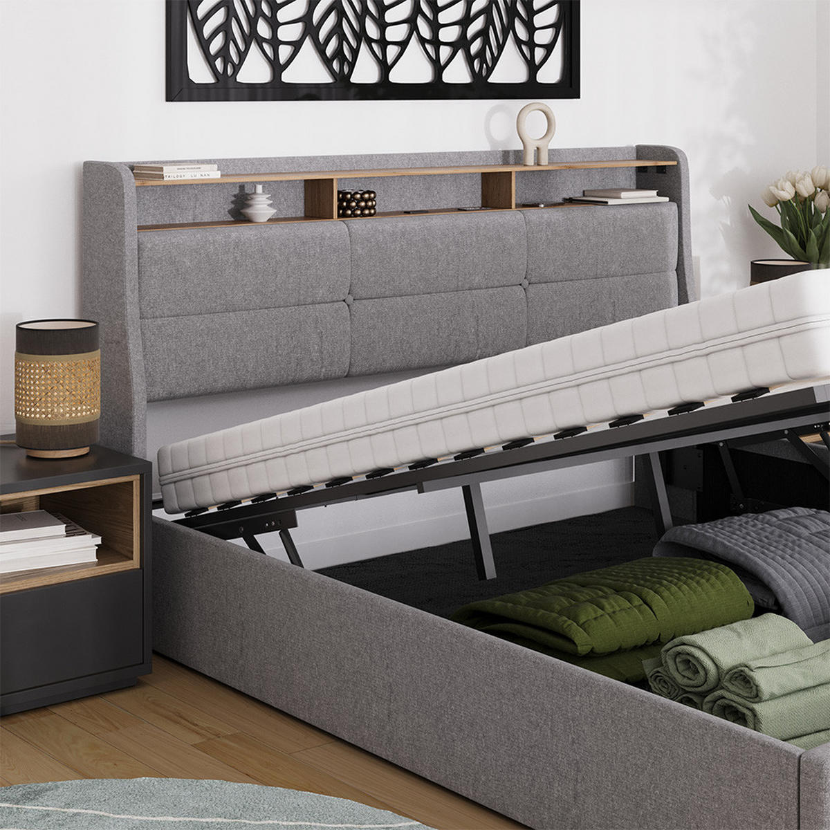 ČALOUNĚNÁ POSTEL Christin Šedá/dubová - šedá, kompozitní dřevo - VitaliSpa