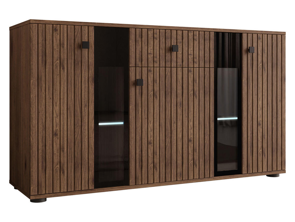 KOMMODE Salsa II mit blauer LED Beleuchtung - Nussbaumfarben/Schwarz, Holzwerkstoff/Kunststoff (141/80/41cm) - MIRJAN24