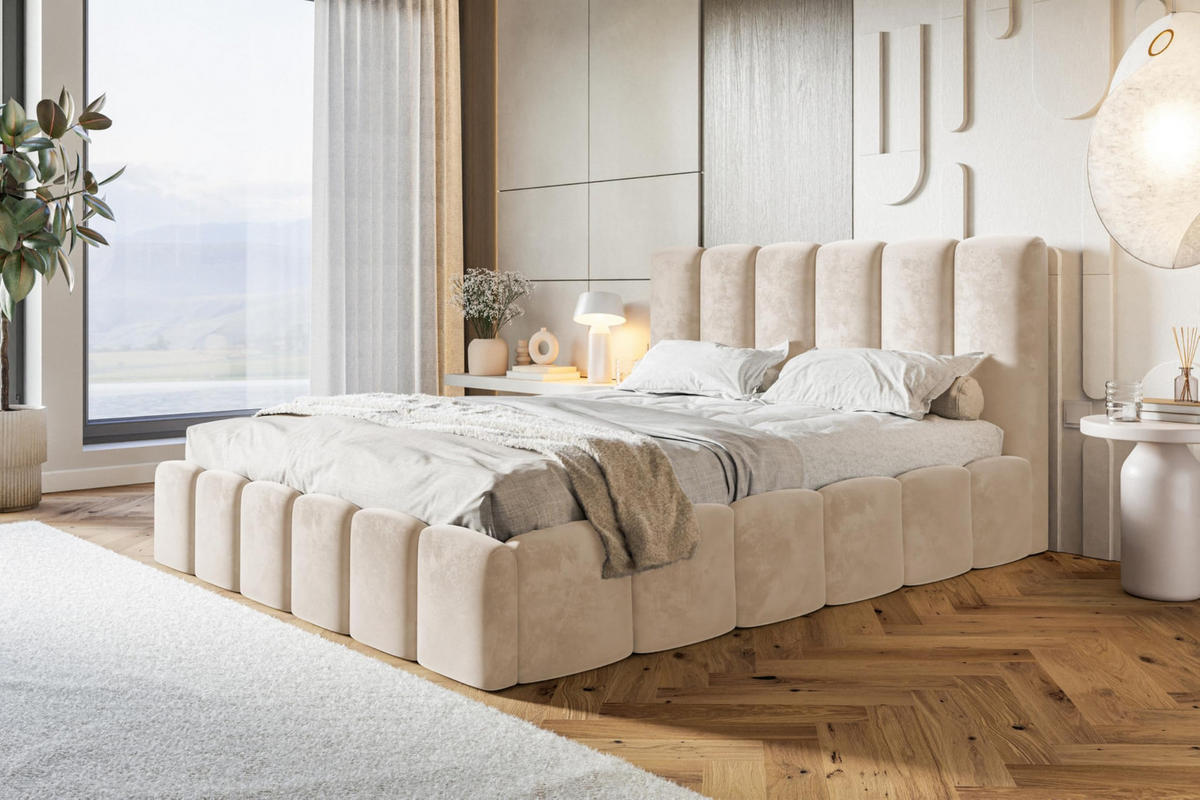 BETT 90x200 - Polsterbett mit Bettkasten und Holzrahmen - Modern Betten - Amor-Samtstoff - Kollektion Lucy - Beige - Beige, Holz/Textil (90/200cm) - Alpi-Möbel