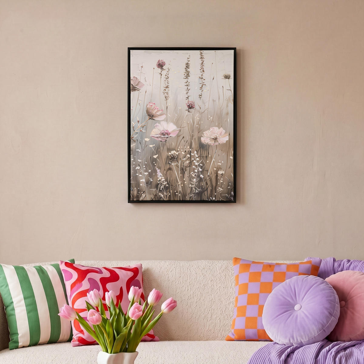 LEINWAND Bilder mit Rahmen - Blumen - Rosa - Modern - Beige - 40x60 - Beige, Textil (40/60cm) - MuchoWow