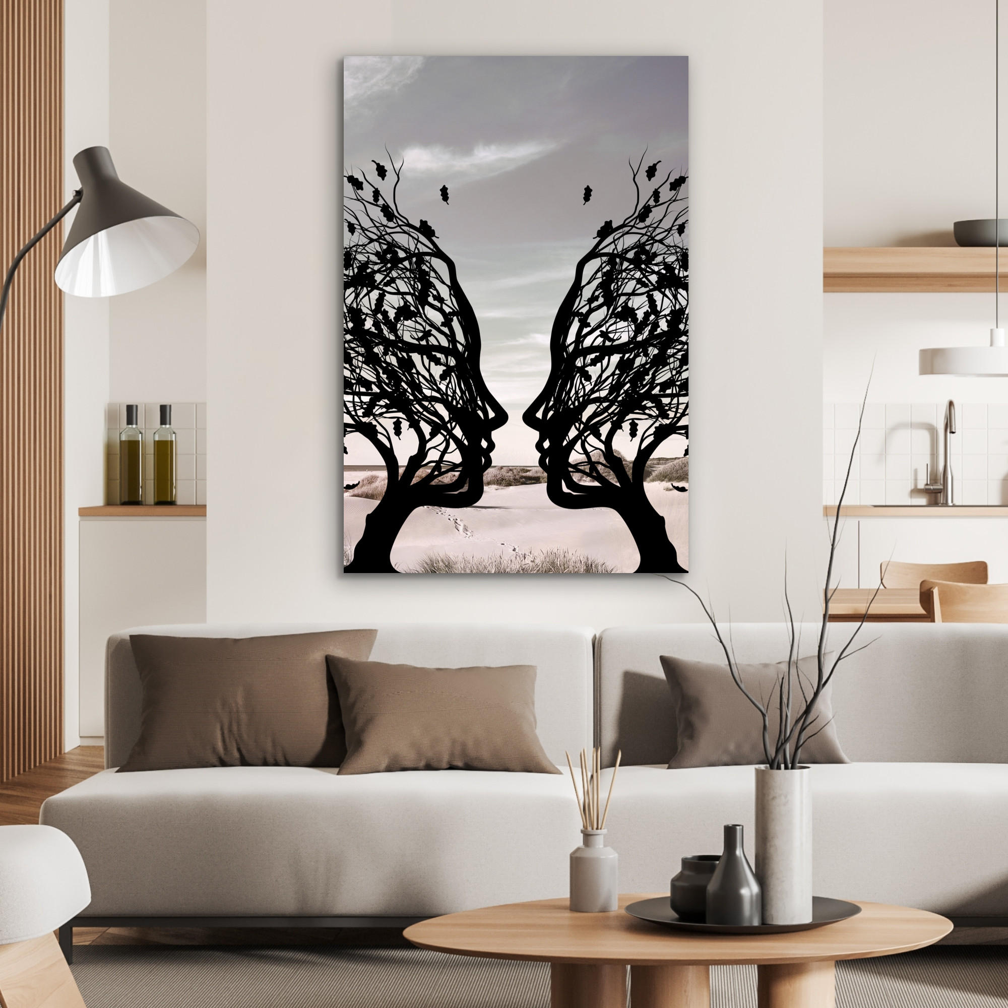METALLBILD Strand - Meer - Menschen - Baum - Moderne Kunst 60x90 cm - Hellgrau, Metall (60/90cm) - MuchoWow