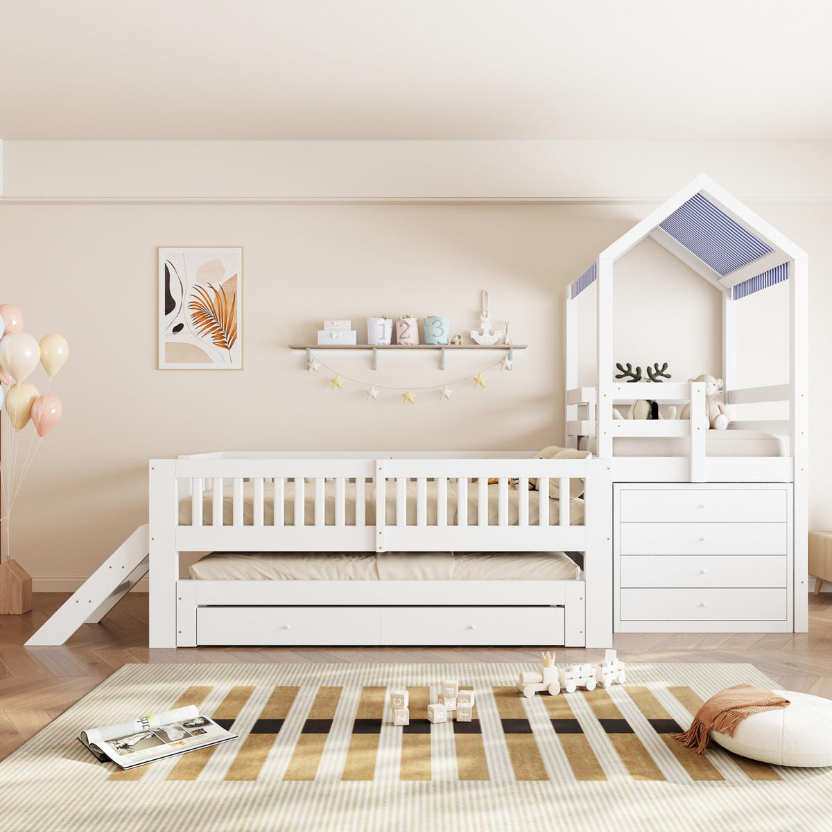 KINDERHAUSBETT 90x200 cm Weiß aus Massivholz mit Ausziehbett 90x190 cm, Treppe, Schubladen und Stoffdach - Weiß, Holz (90/200cm) - Modfu