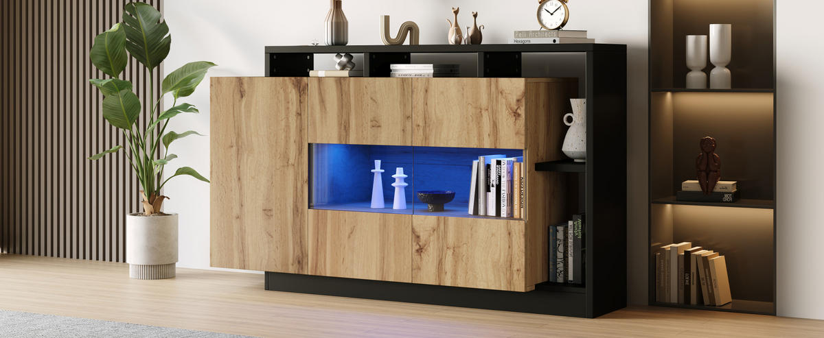 SIDEBOARD mit RGB-LED und Bluetooth, Holzoptik MDF, matte Oberfläche und schwarzem Metallrahmen, 140/44/93,5 cm,Naturfarben - Naturfarben, Holzwerkstoff (140/93.5/44cm) - Redom