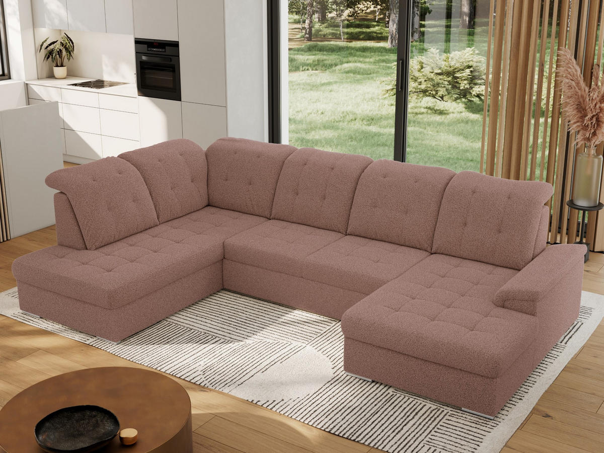 WOHNLANDSCHAFT MADRITO U - Rosa Boucle - Links - Silberfarben/Rosa, Textil/Metall (204/89/323cm) - MKS