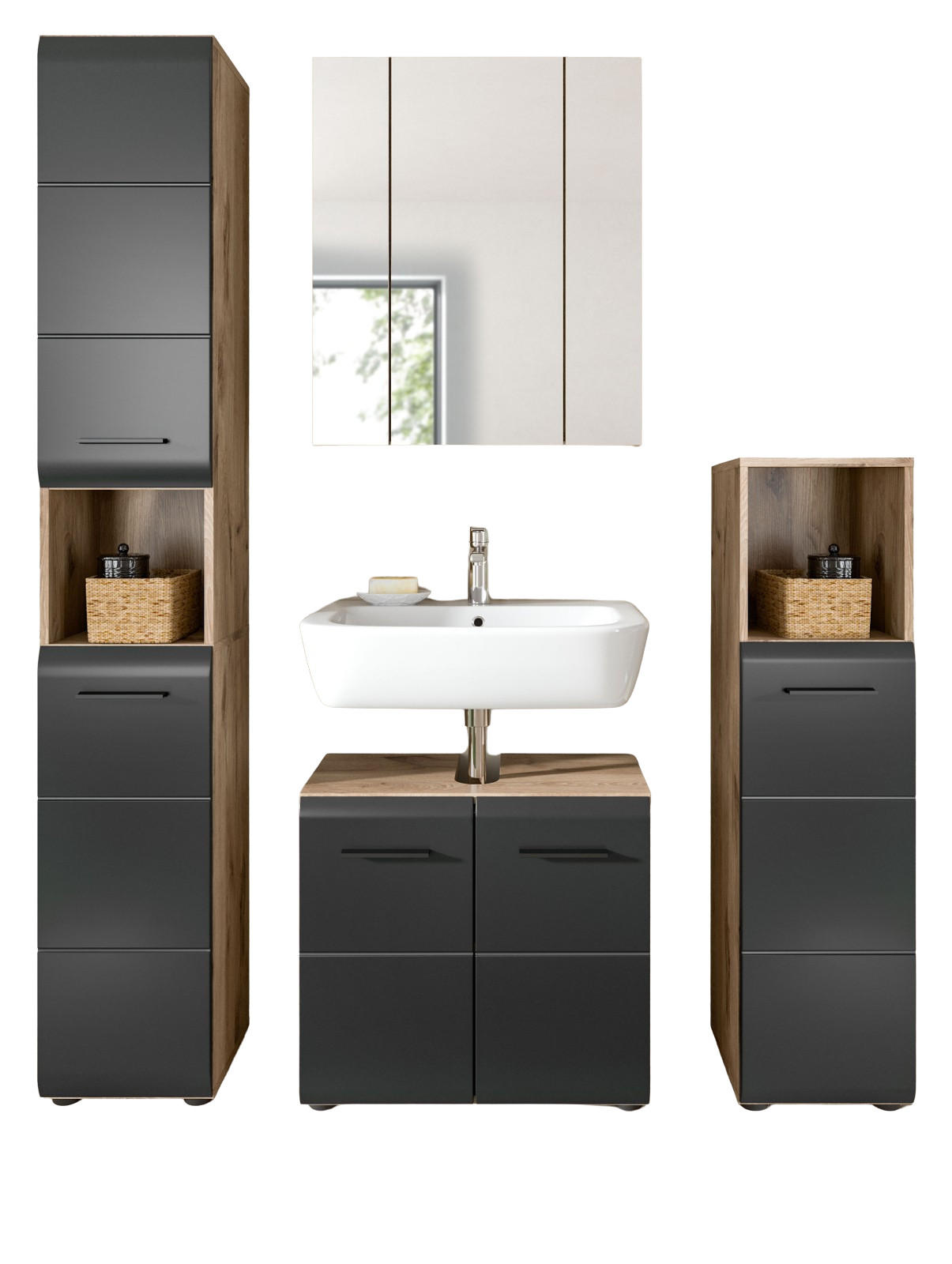 BADMÖBEL-SET Schwarz matt, Eiche Nox, Badezimmer 4-teilig 150 x 185 cm mit viel Stauraum - Eichefarben/Schwarz, Glas/Holzwerkstoff (150/185/30cm) - Inn.Furn