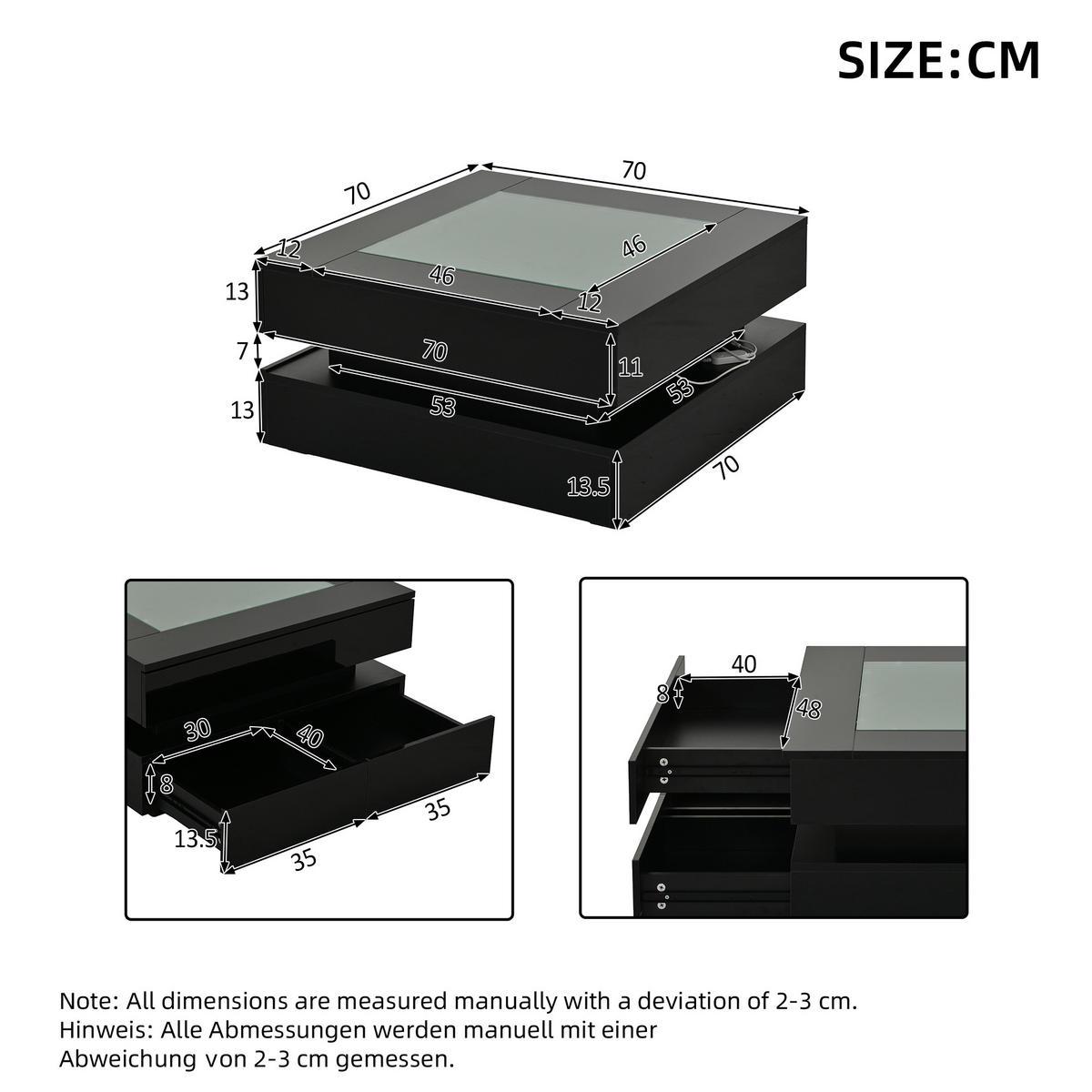 COUCHTISCH DE-37117 quadratisch mit Glasplatte, LED und 3 Schubladen Schwarz - Schwarz, Holzwerkstoff (70/70/35cm) - ComfortXL