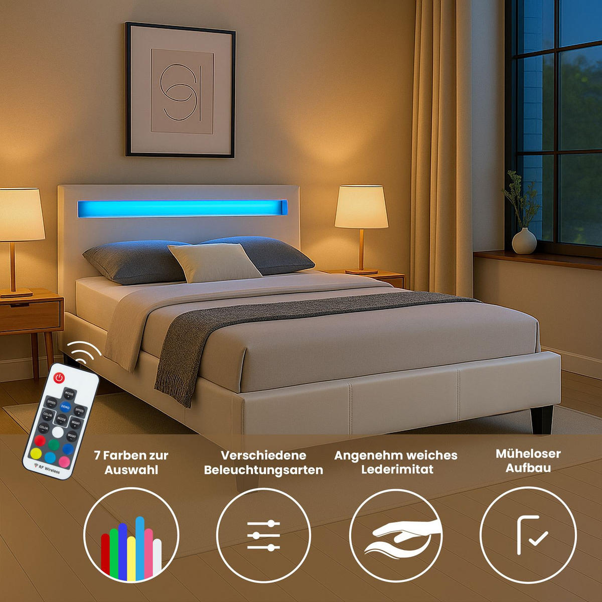 POLSTERBETT MIT LED MIRASOL 120X200 CM - Weiß, Textil (120/200cm) - CARO-Möbel