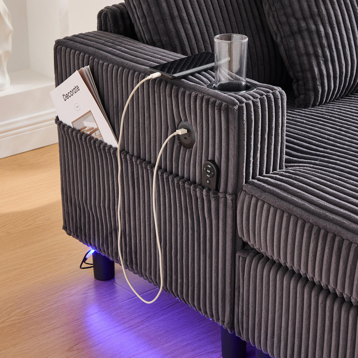 CHAISELONGUE 2-Sitzer Cord Dunkelgrau mit LED, USB und Getränkehalter - Dunkelgrau, Holzwerkstoff/Kunststoff (128/85/142cm) - WISHDOR