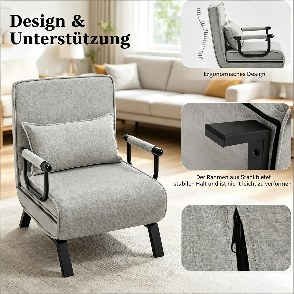 SCHLAFSESSEL 3-in-1, 5-fach verstellbar, DE-42146, Hellgrau - Hellgrau, Metall (75/78/65cm) - ComfortXL