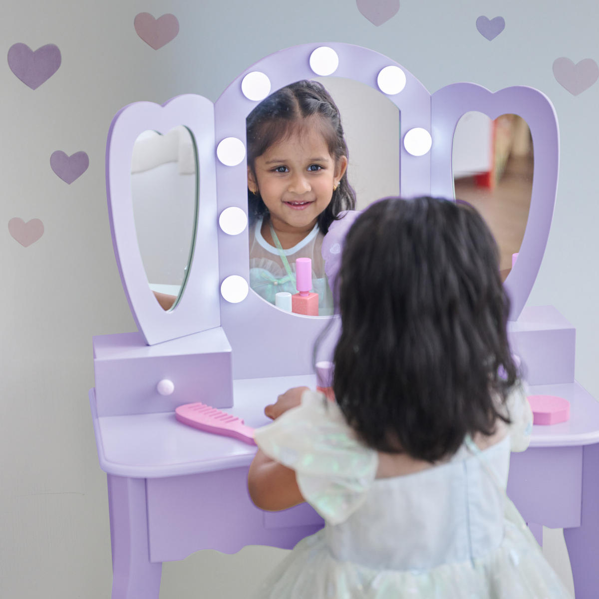 KIND-SCHMINKTISCH herzförmig mit LED, Violett, 100cm - Lila, Holzwerkstoff (33/100/65cm) - Teamson Kids