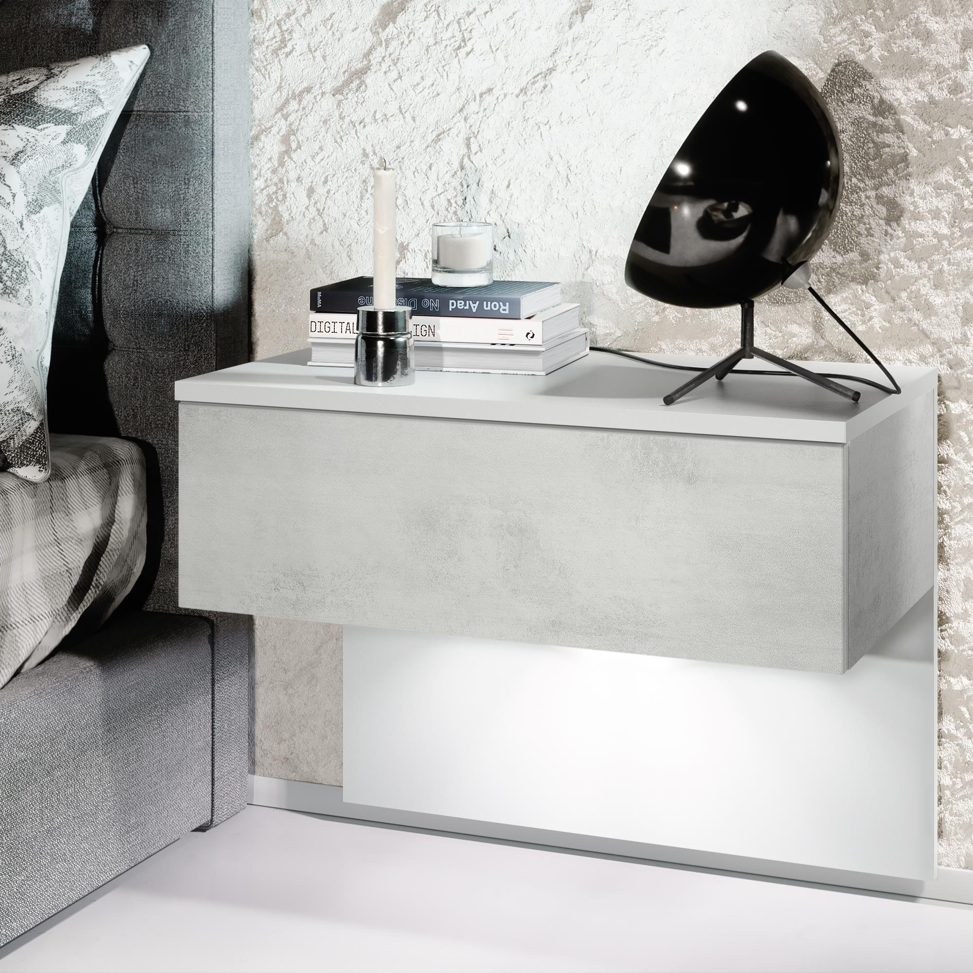 NACHTTISCH Sleep Fronten in Beton Oxid Optik - Hellgrau, Holzwerkstoff (60/46/35cm) - Vladon