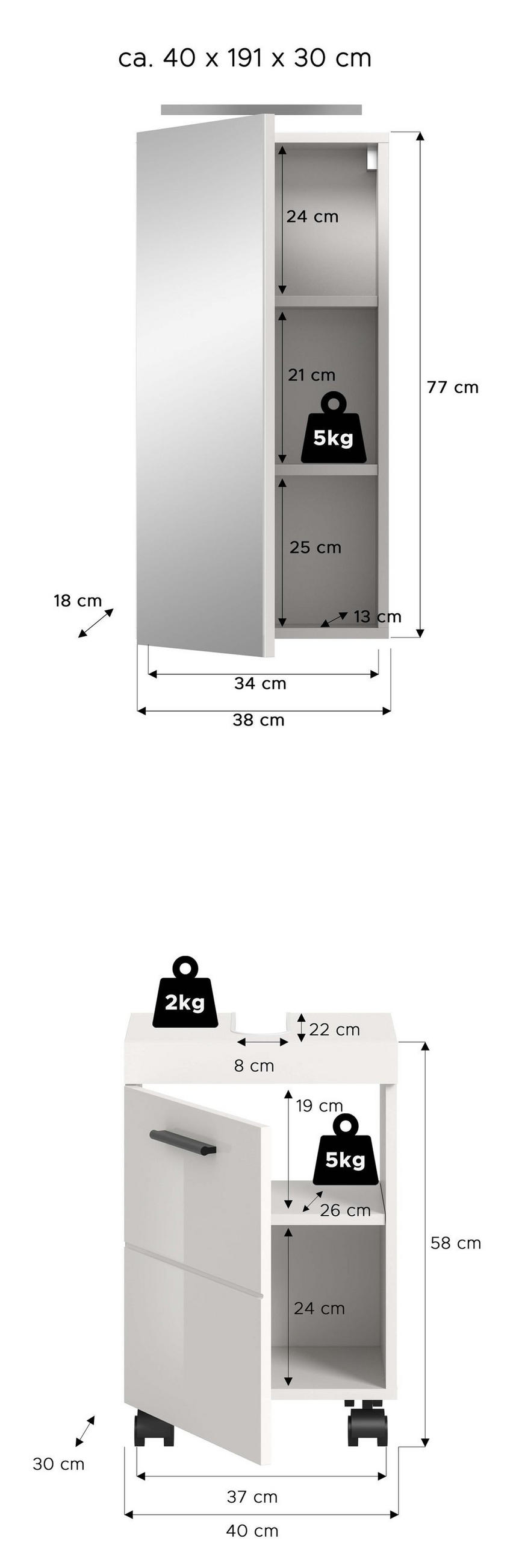 BAD-SET inkl. Beleuchtung NOVA 3-tlg. (B/H/T: ca. 40/191/30 cm) in Weiß/weiß hochglanz - Weiß, Holzwerkstoff (40/191/30cm)
