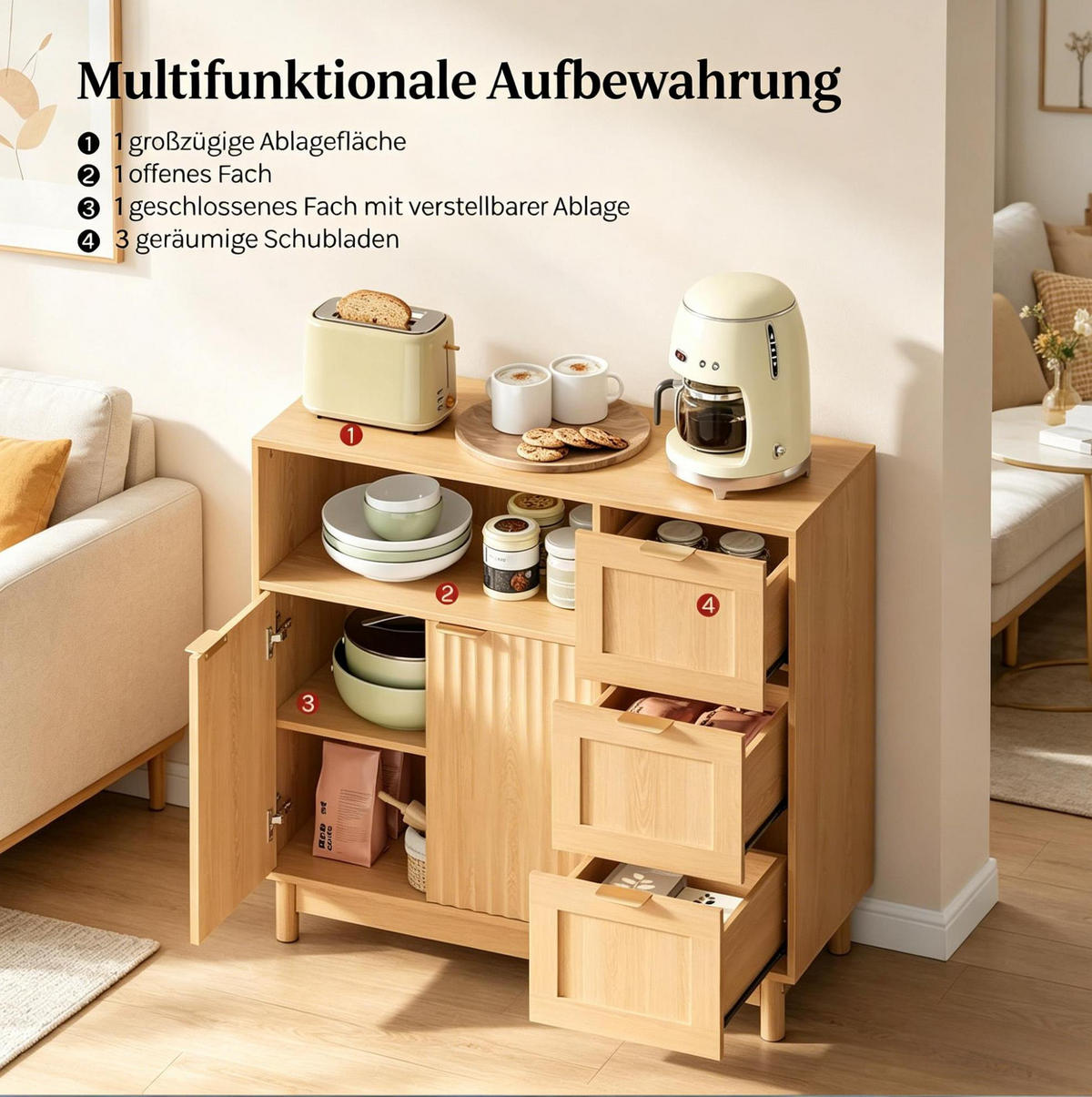 SIDEBOARD 90/35/80 cm in Holz-Optik mit Schubladen und verstellbarem Regal - Naturfarben, Holzwerkstoff (90/80/35cm) - BEAOK
