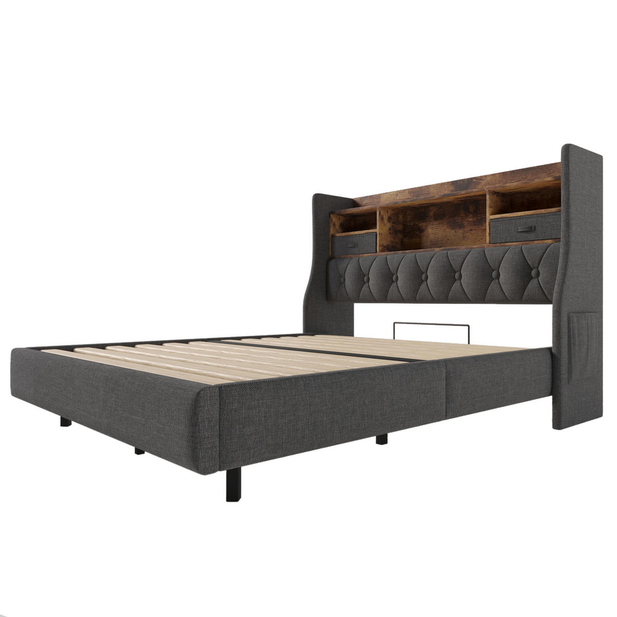 POLSTERBETT 140/200 cm mit LED-Beleuchtung, USB- und Type-C-Anschluss, Stauraum-Kopfteil und Lattenrost, Grau - Grau, Textil (140/200cm) - Redom