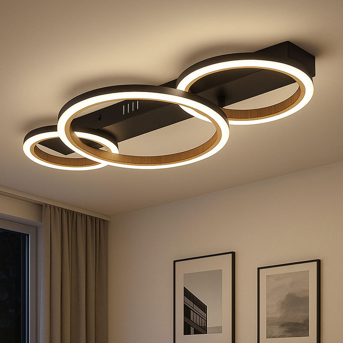 LED DECKENLEUCHTE Holzoptik Braun Ring Design - Schwarz, Metall (58/30/7cm) - Globo Lighting
